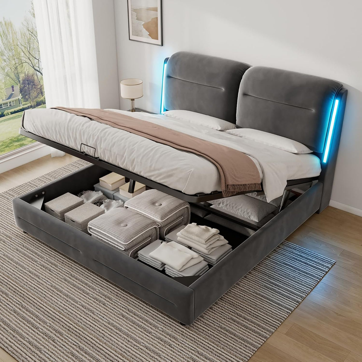 Bett Polster, Doppelbett 180 × 200 cm mit LED, Bett mit Stauraum und Kopfteil, Stauraumbett mit Hydraulische Metallrahmen und Lattenrost aus Holz